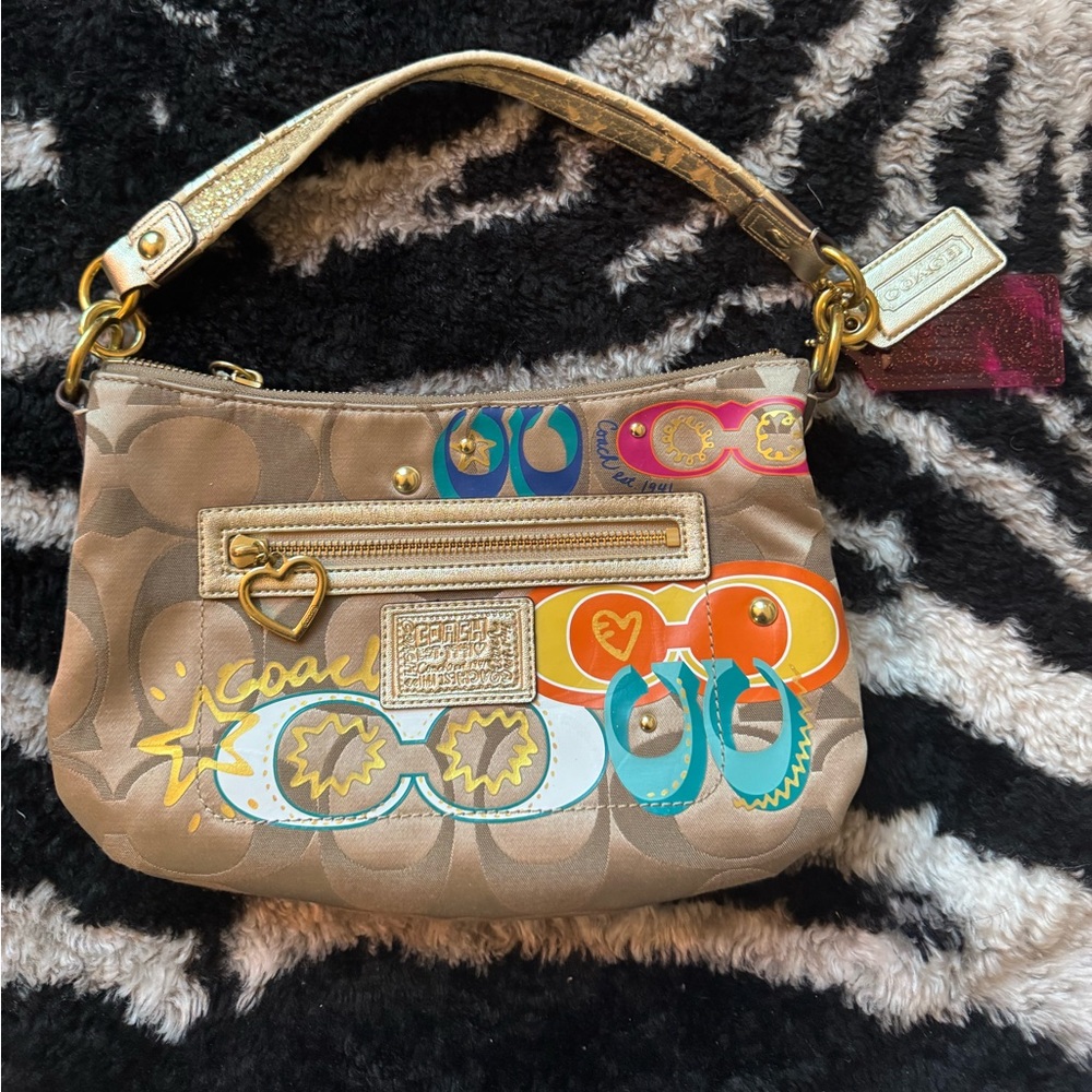 Coach Brown Signature Canvas Shoulder Bag with Gold Trim and Multicolor Accents